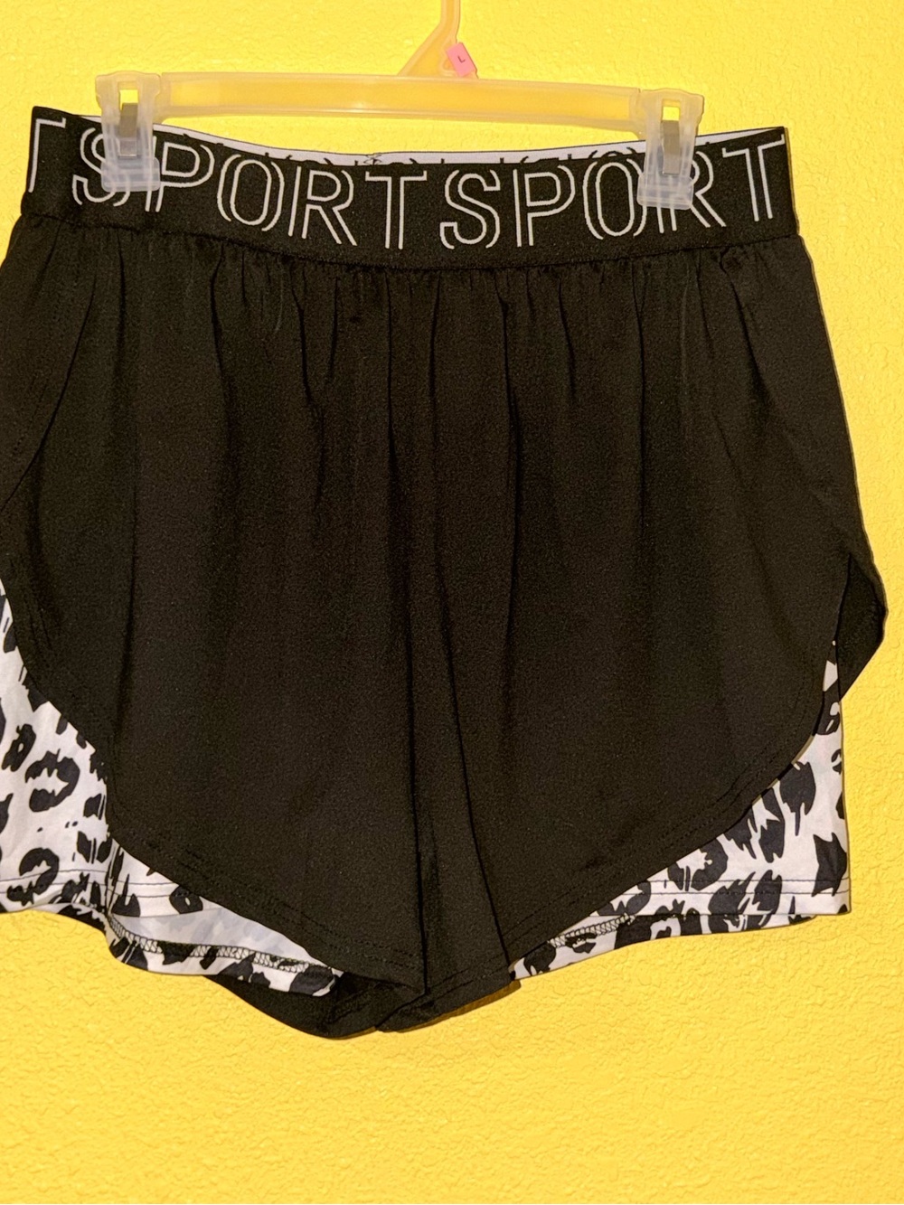 SHEIN Black Layered Athletic Shorts with Leopard Print Liner